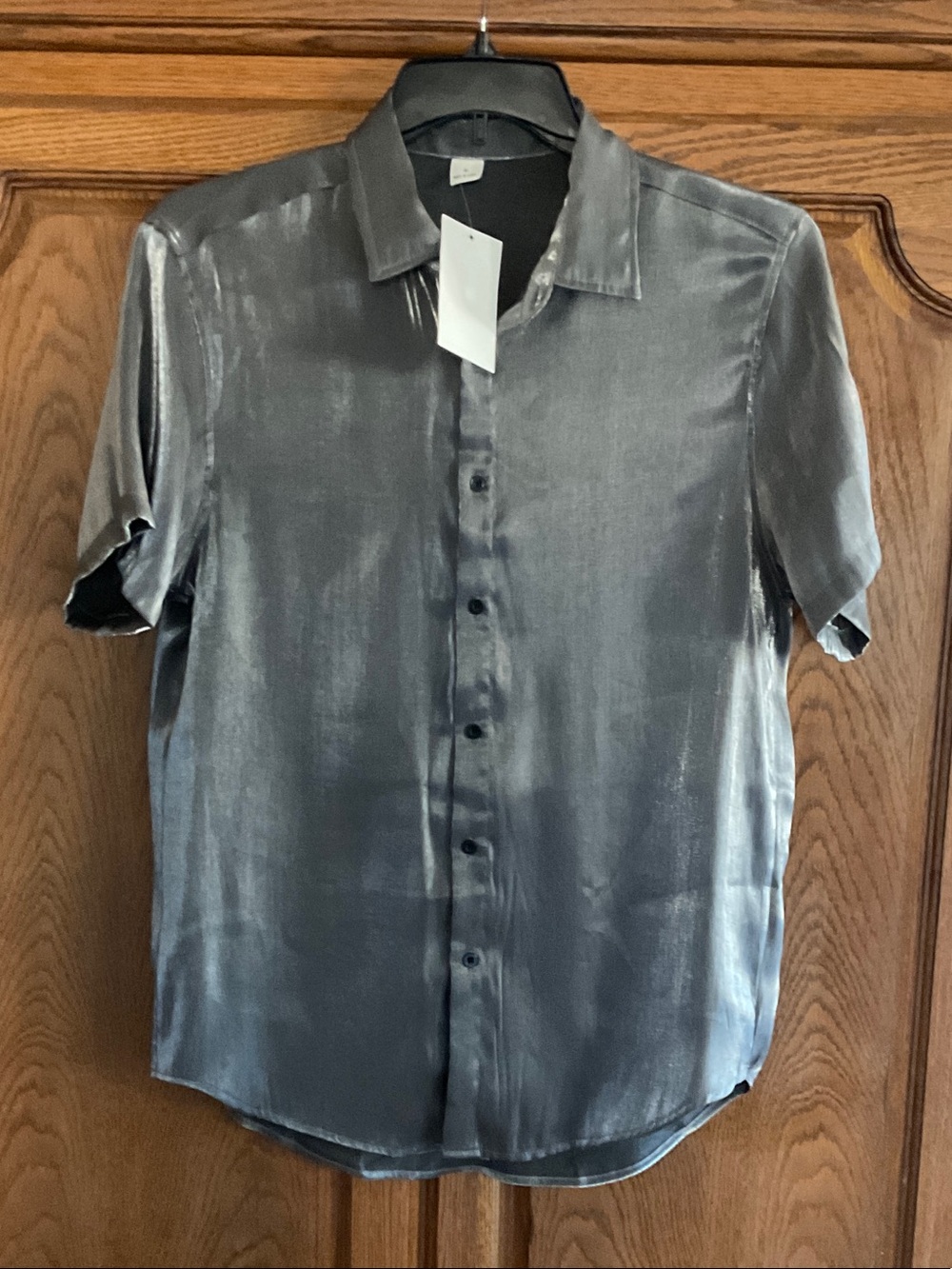 Men's Short-Sleeve Satin Button-Down Shirt - Gray